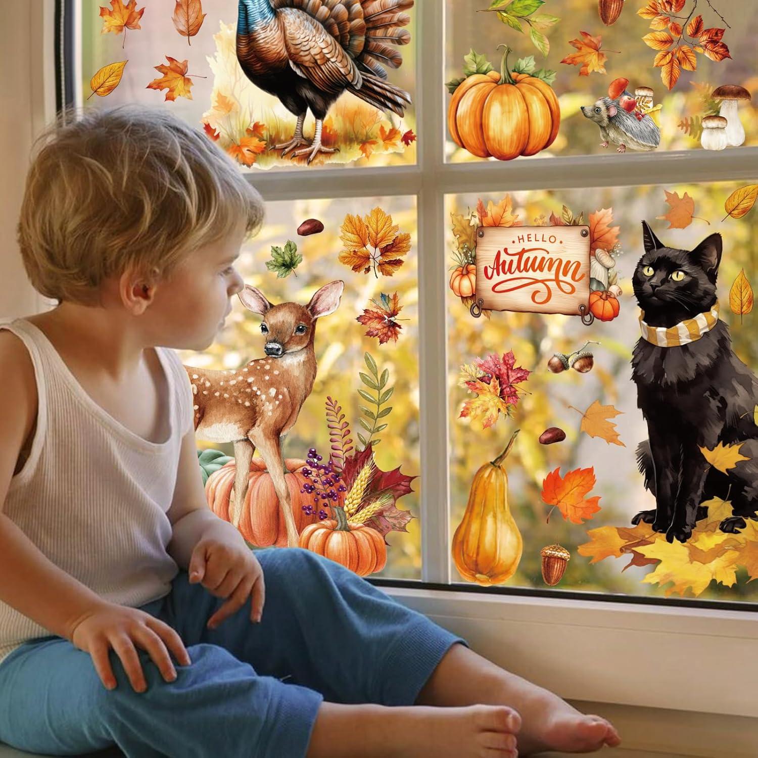 76 Stück Herbst Fensterbilder Katze Kürbis Ahornblatt Selbstklebend