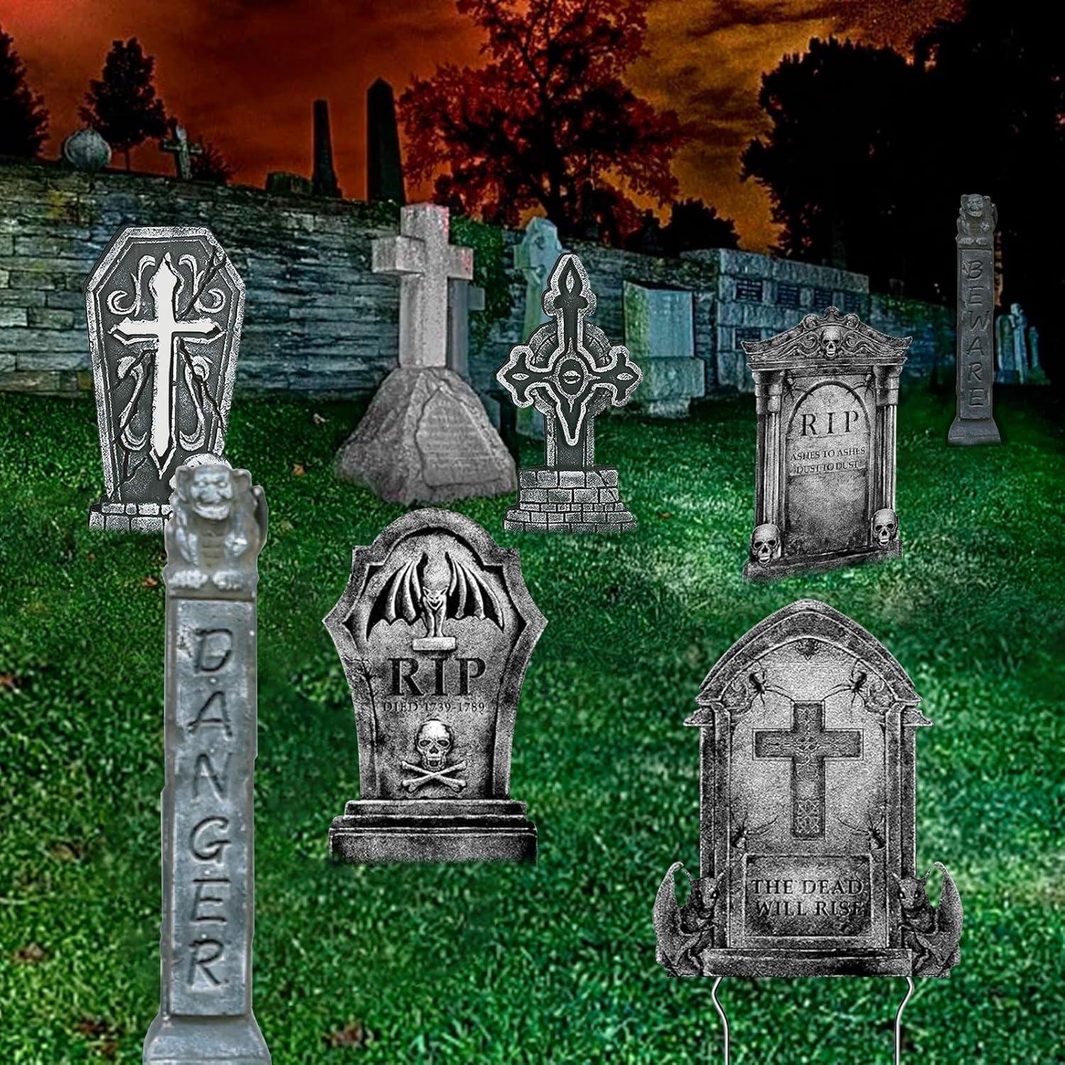 7er Set Halloween Grabstein Outdoor Deko 82cm Groß Friedhof Grabsteine mit Erdspießen
