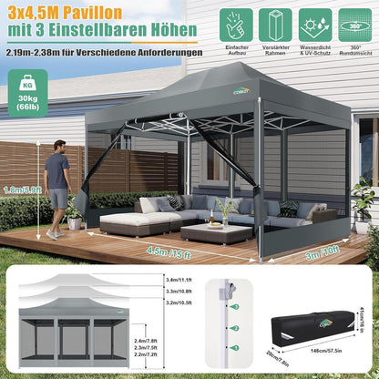 Faltpavillon 3x4,5m mit Moskitonetz & UV-Schutz – Grau