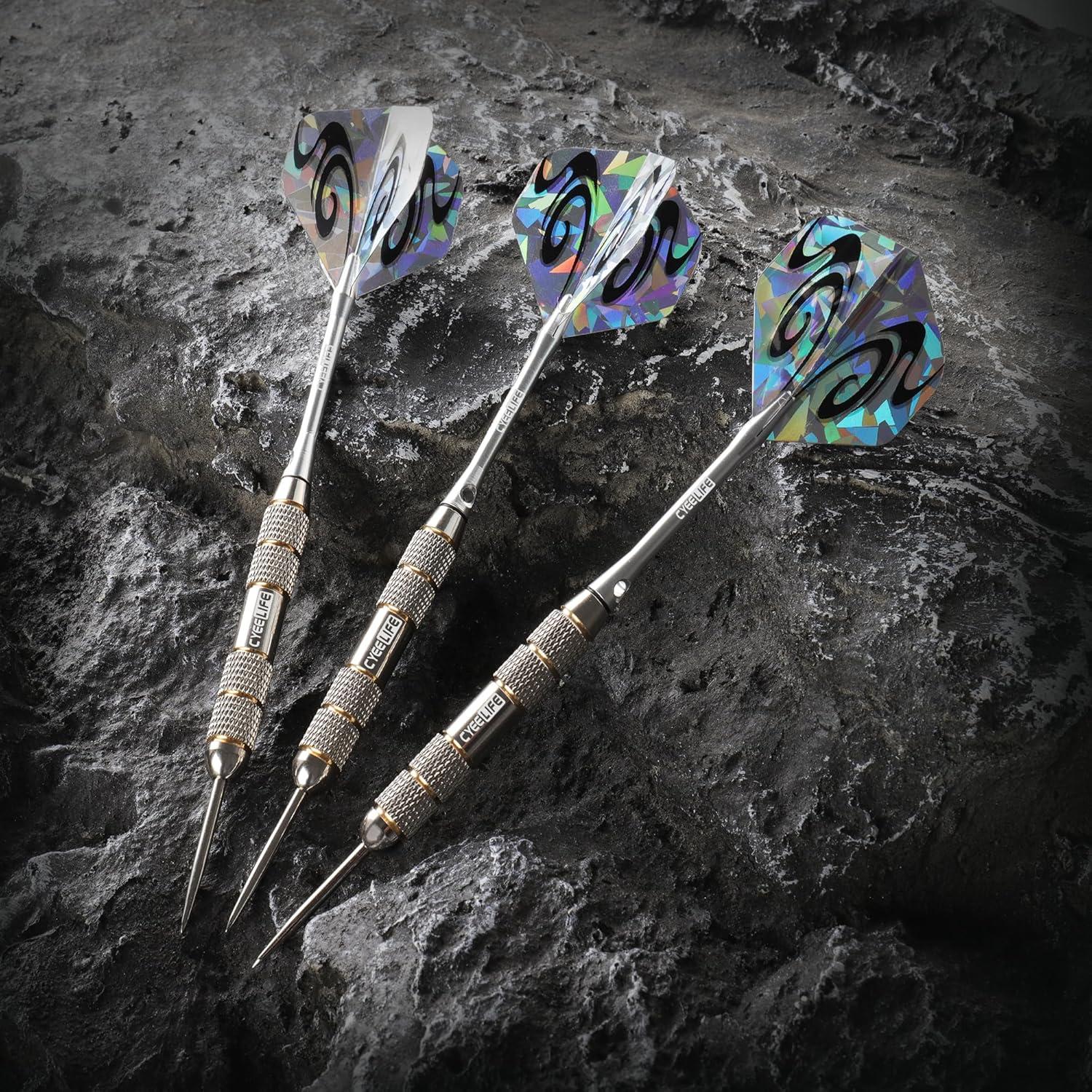 CyeeLife Dartpfeile Set - 24g Steeldarts mit Metallspitze, 3 Stück, Aluminium Schäfte, PC Schäfte, 6 Flights, 1 Tool-Schärfer
