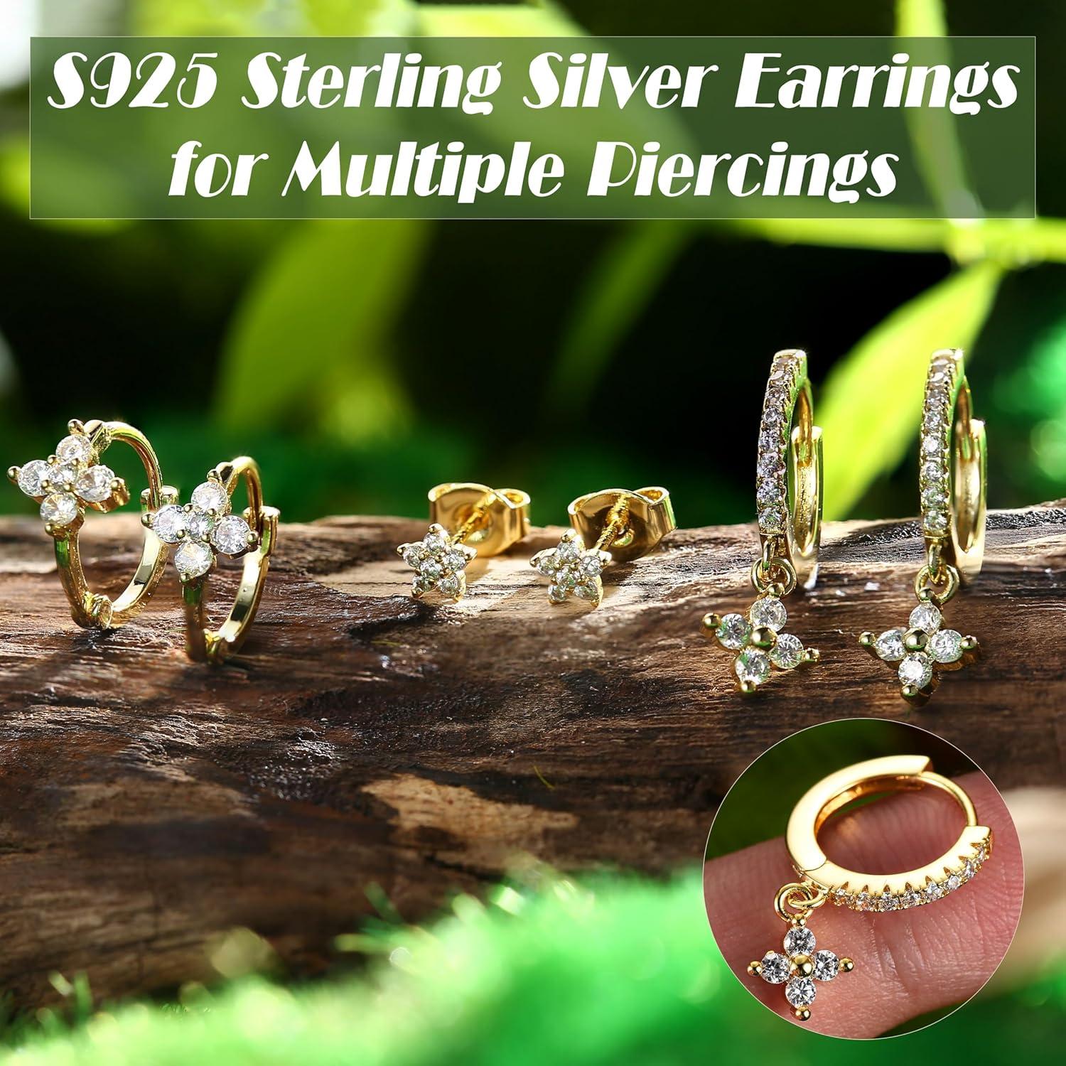3 Paar Ohrringe Silber 925 Damen Mädchen Ohrstecker Creolen Gold Zirkonia Set