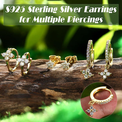 3 Paar Ohrringe Silber 925 Damen Mädchen Ohrstecker Creolen Gold Zirkonia Set
