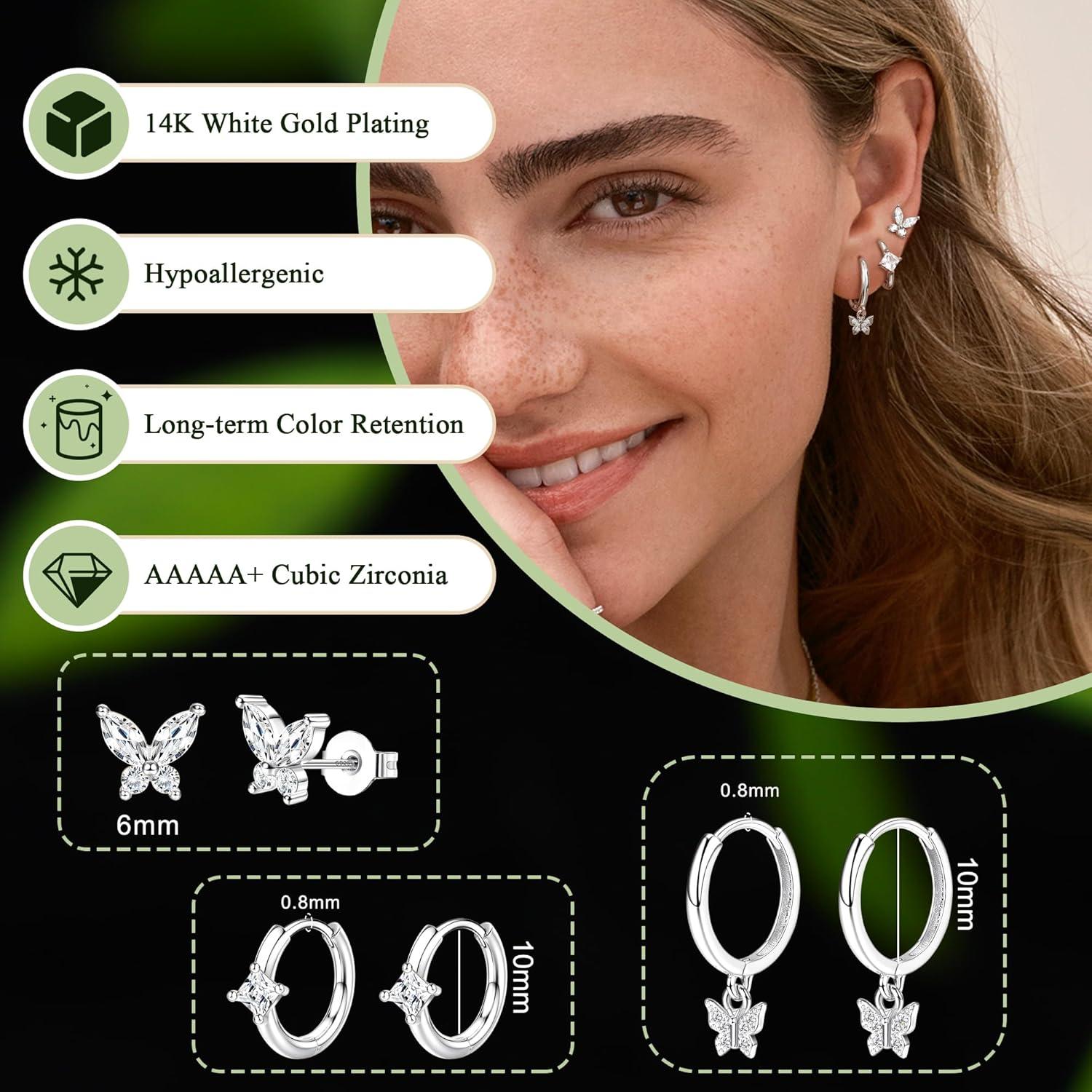 3er Set Damen Ohrringe Silber 925 Creolen Ohrstecker Gold Zirkonia Hypoallergen