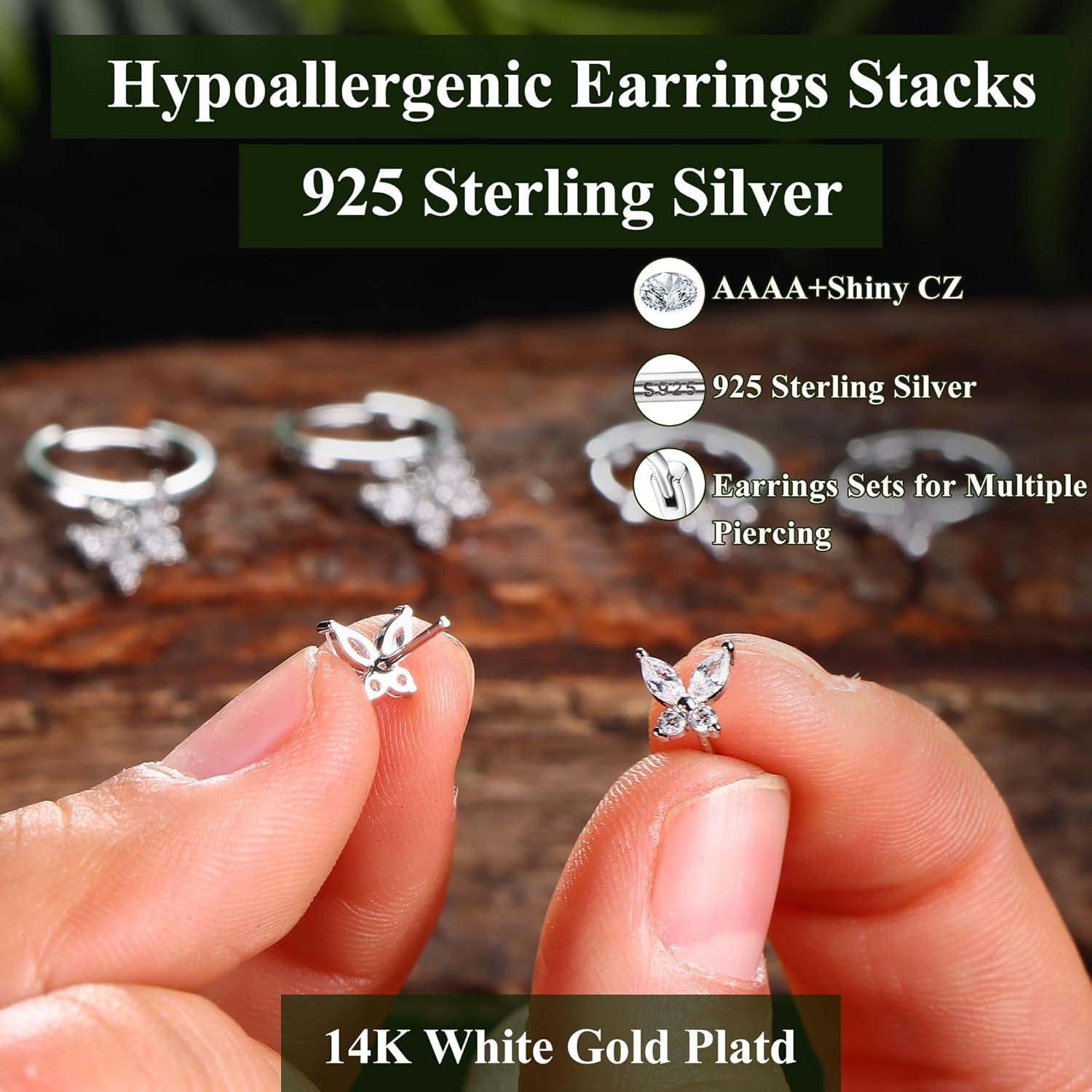 Ohrringe Silber 925 3 Paar Damen Mädchen 14K Vergoldet Ohrstecker