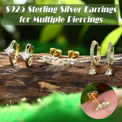 Ohrringe Set Damen 925 Silber 14K Vergoldet Zirkonia Schmetterling Creolen