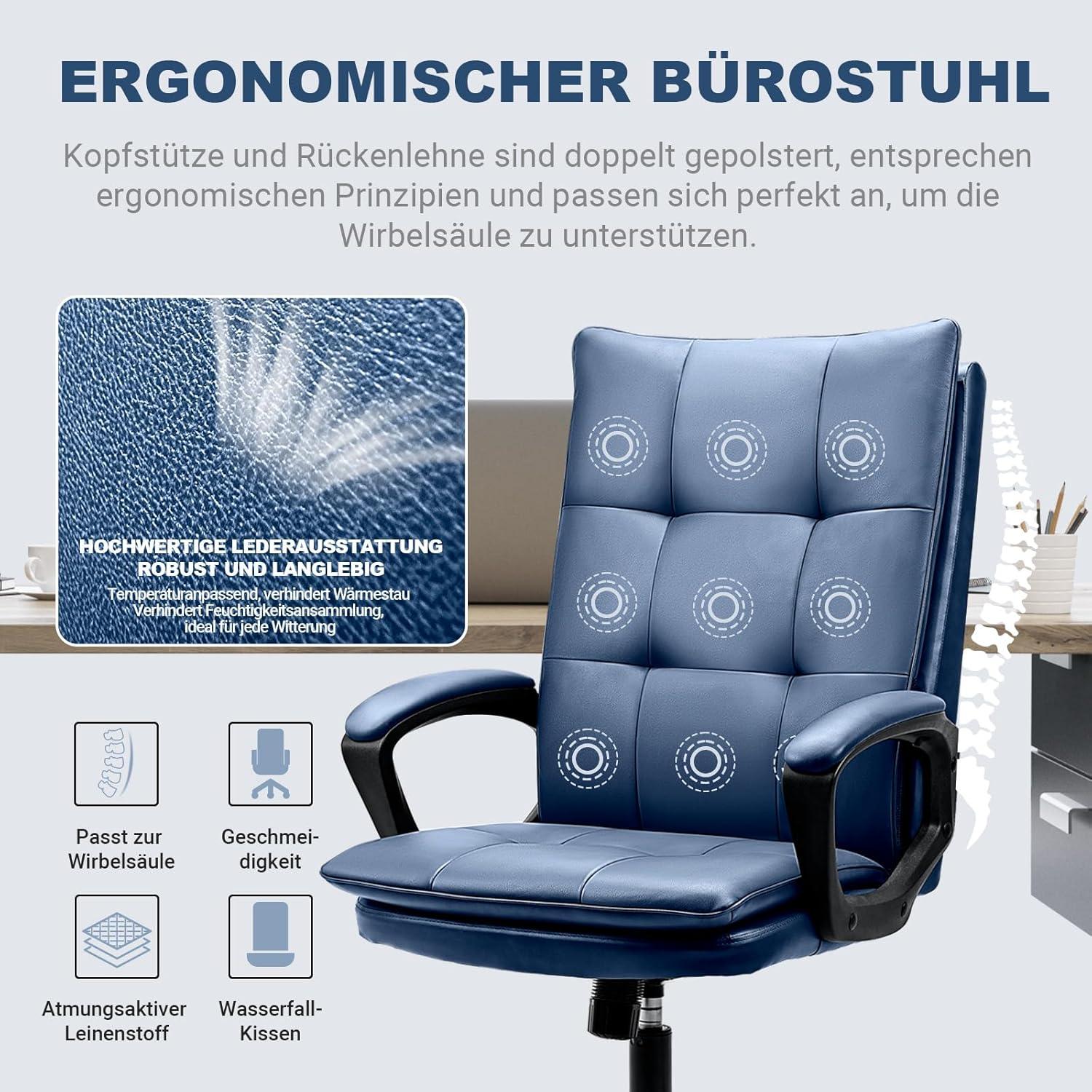 Ergonomischer Chefsessel Bürostuhl PU Leder Blau Höhenverstellbar