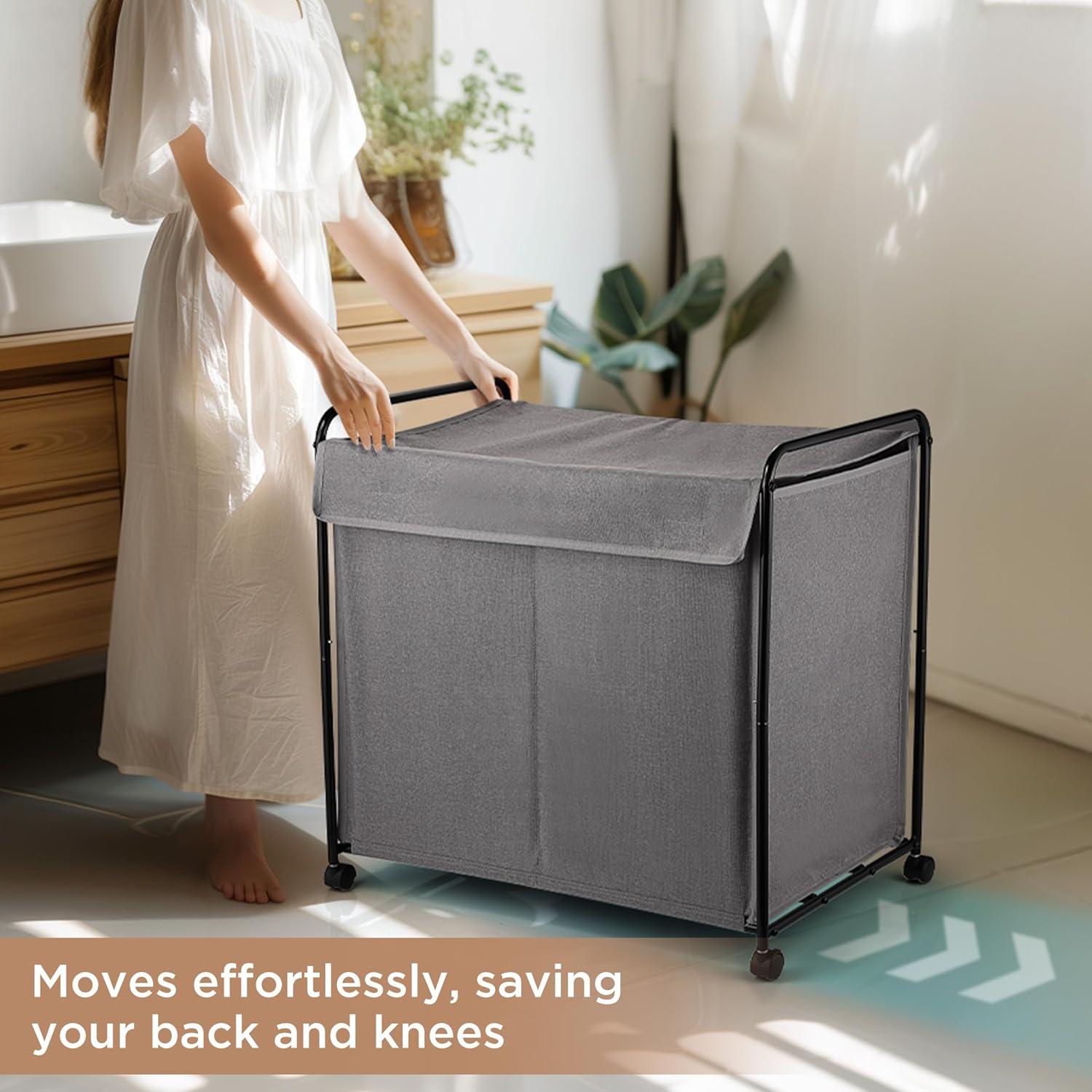 EasyAcc Wäschekorb mit Rollen und Deckel, 150L - Karbonstahlrahmen