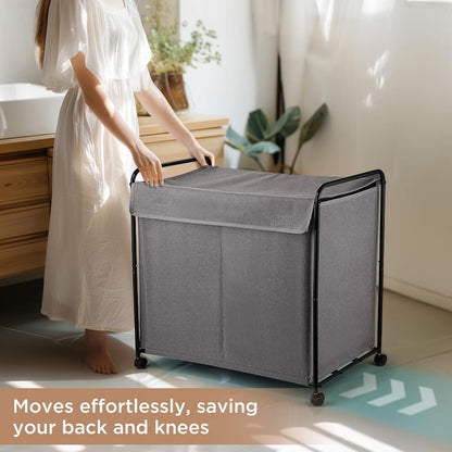 EasyAcc Wäschekorb mit Rollen und Deckel, 150L - Karbonstahlrahmen