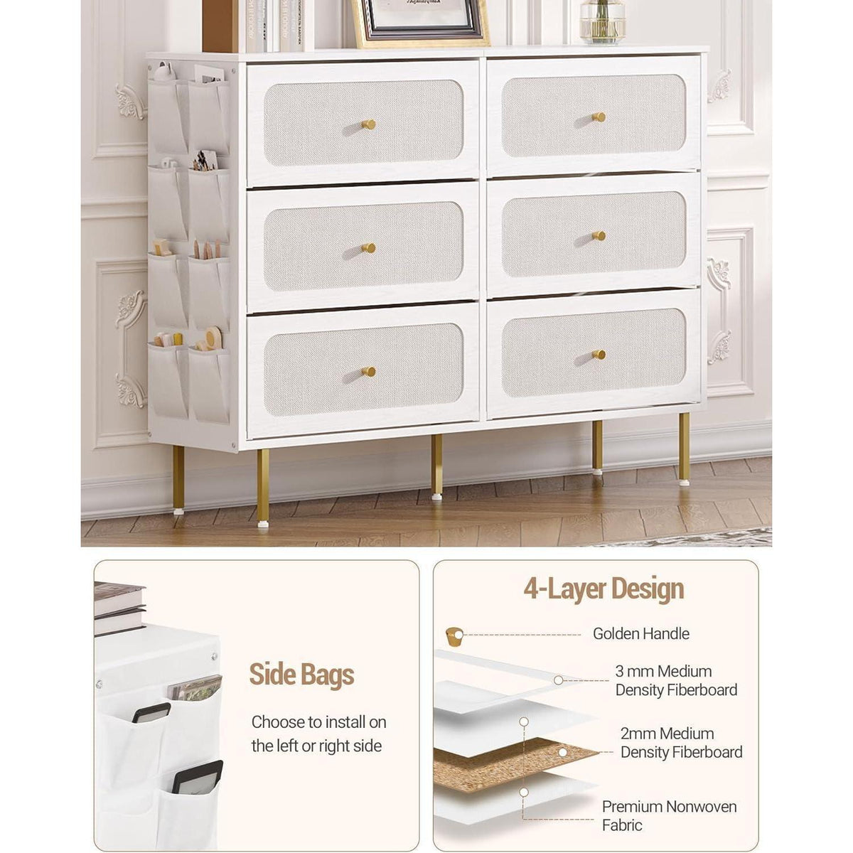 Kommode 110cm mit Stoffschubladen & Organizer-Taschen, Weiß-Gold