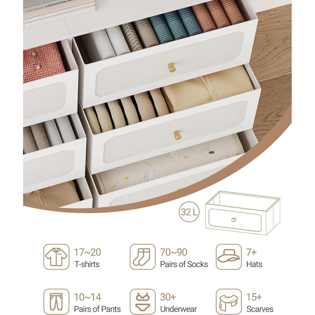 Kommode 110cm mit Stoffschubladen & Organizer-Taschen, Weiß-Gold