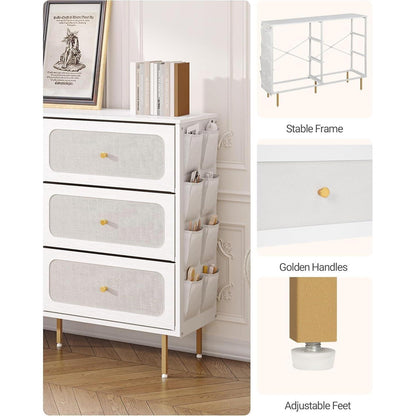 Kommode 110cm mit Stoffschubladen & Organizer-Taschen, Weiß-Gold