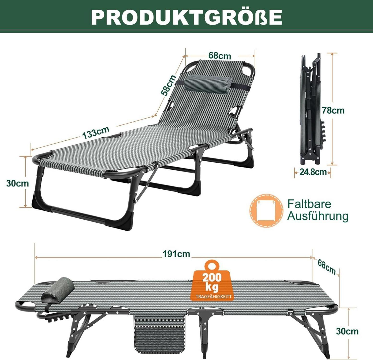 Klappbare Sonnenliege mit Matratze und Kopfstütze, 200kg, für