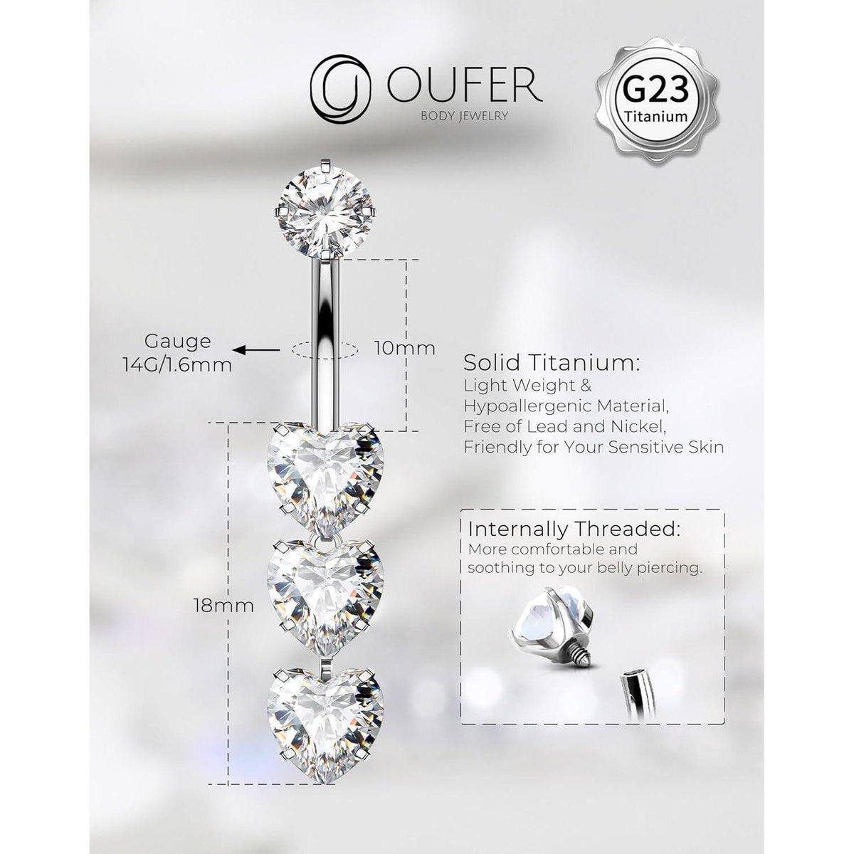Bauchnabelpiercing Titan Herz Anhänger 14G 10mm Intern Gewinde
