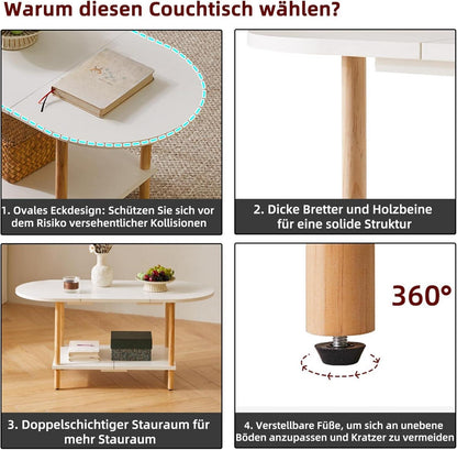 Ovaler Couchtisch Weiß Holz 2-stufiger Mitteltisch 35 * 16 * 17 Zoll