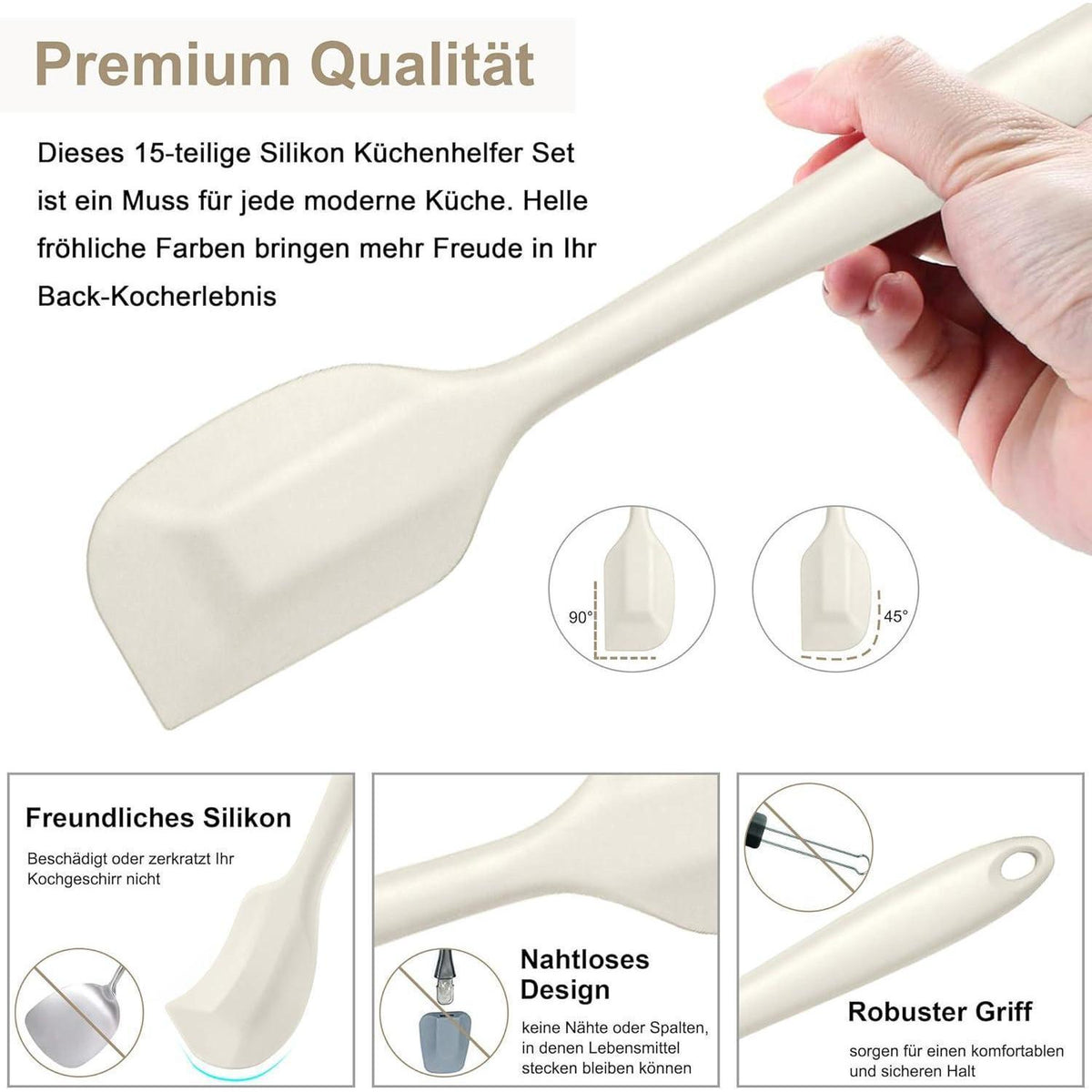 15-teiliges Silikon Kochutensilien Set mit Halter – Weiß