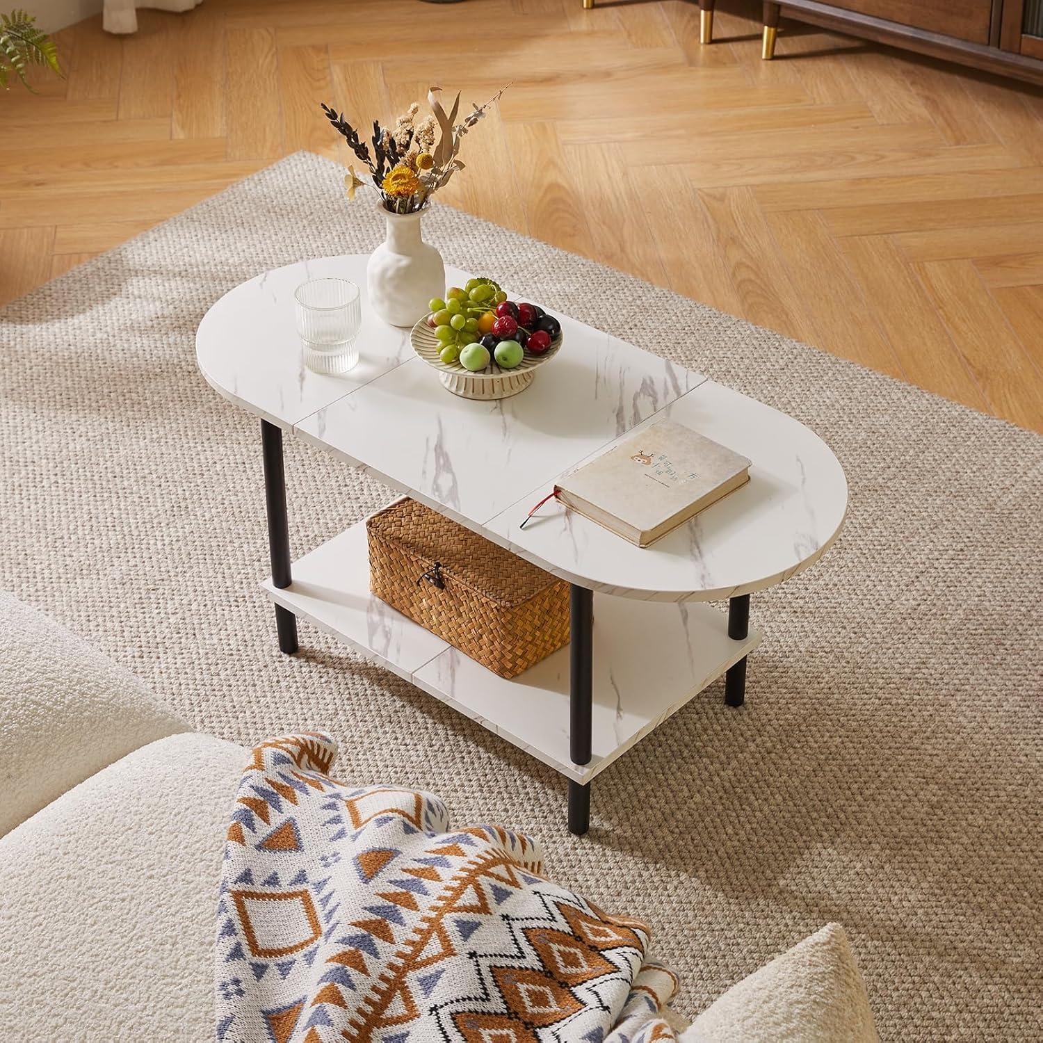 Couchtisch Holzbeine 2-stufiger Stauraum Weiß + Schwarz moderner Stil