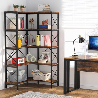 5-stöckiges Eckregal Braun – Modernes Bücherregal für Wohnzimmer