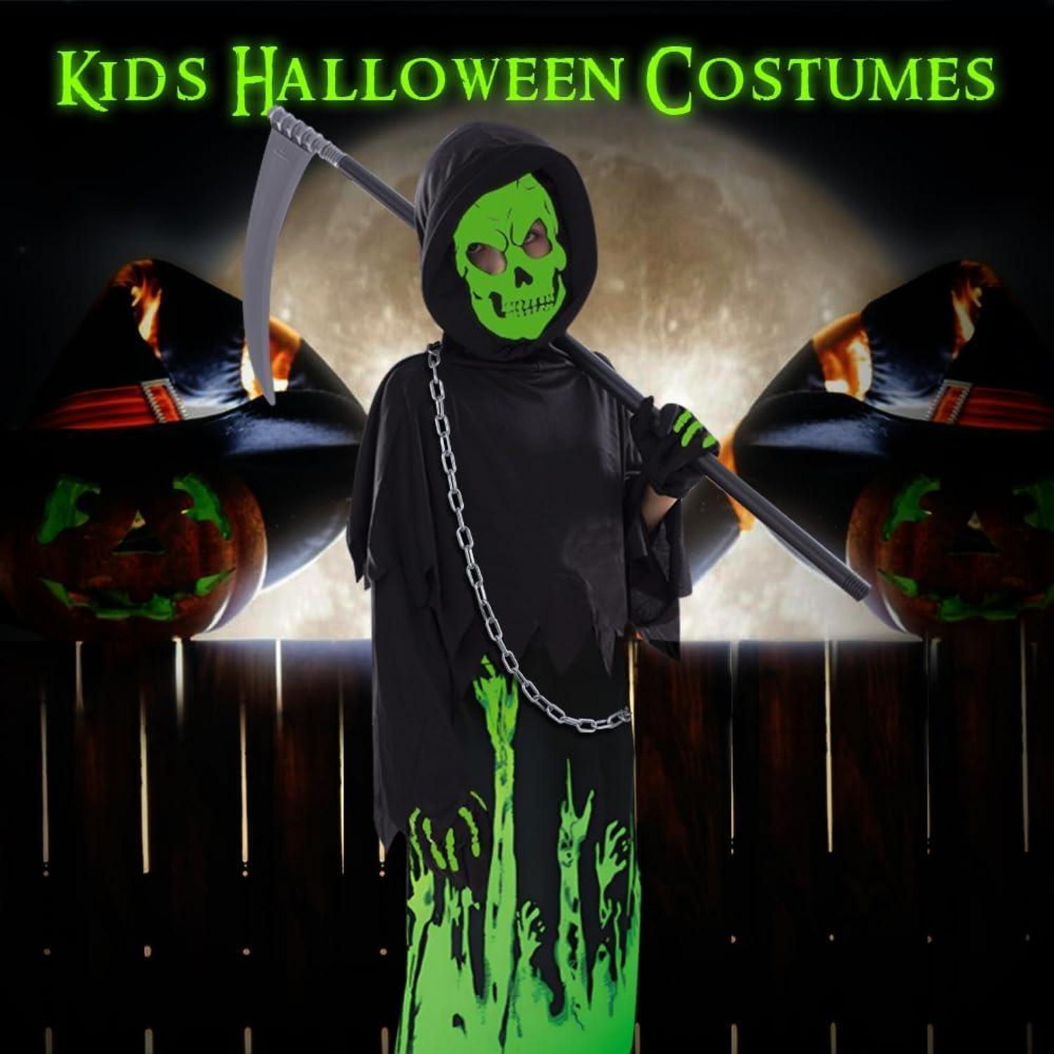 Sensenmann Kostüm Kinder leuchtend Halloween Maske Sense Skelett