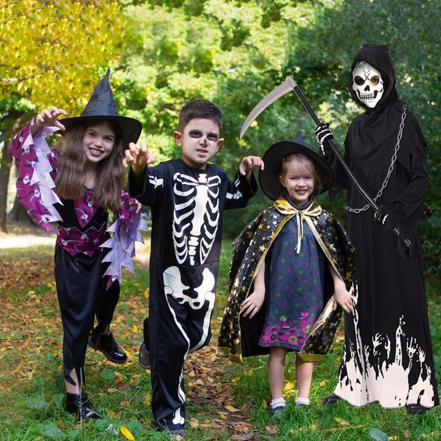 Kinder Sensenmann Kostüm leuchtend im Dunkeln Halloween Skelett Maske Handschuhe