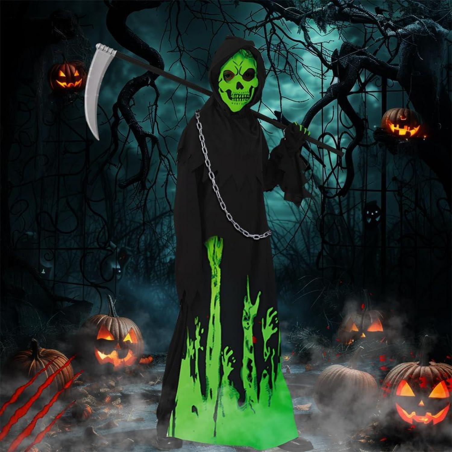 Sensenmann Kostüm Kinder leuchtend Halloween Skelett Zombie Gruselig