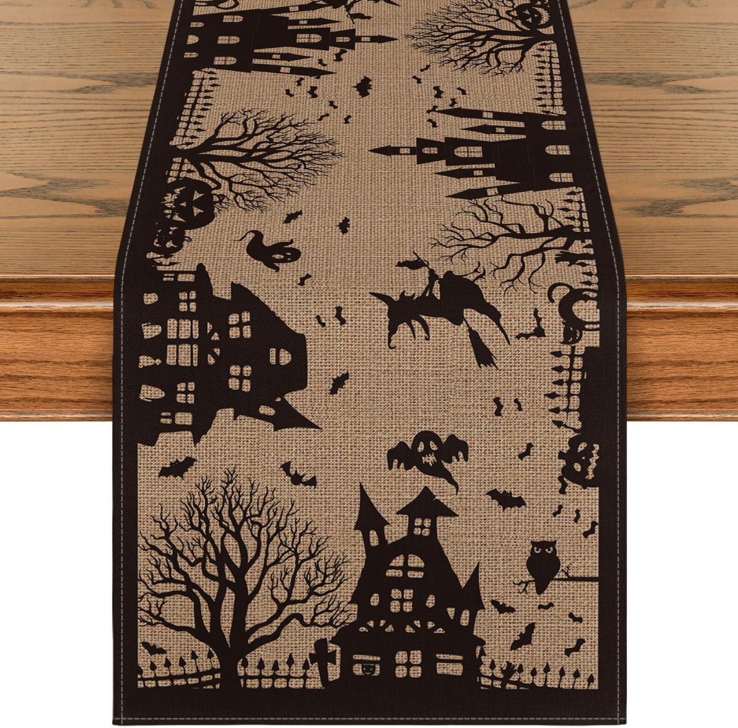 Schwarzer Halloween-Tischläufer Spooky Haunted House - 40x140 cm