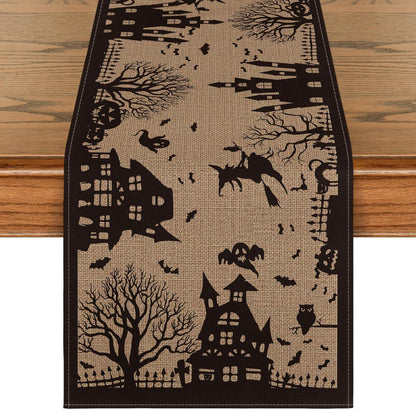Schwarzer Halloween-Tischläufer Spooky Haunted House - 40x140 cm