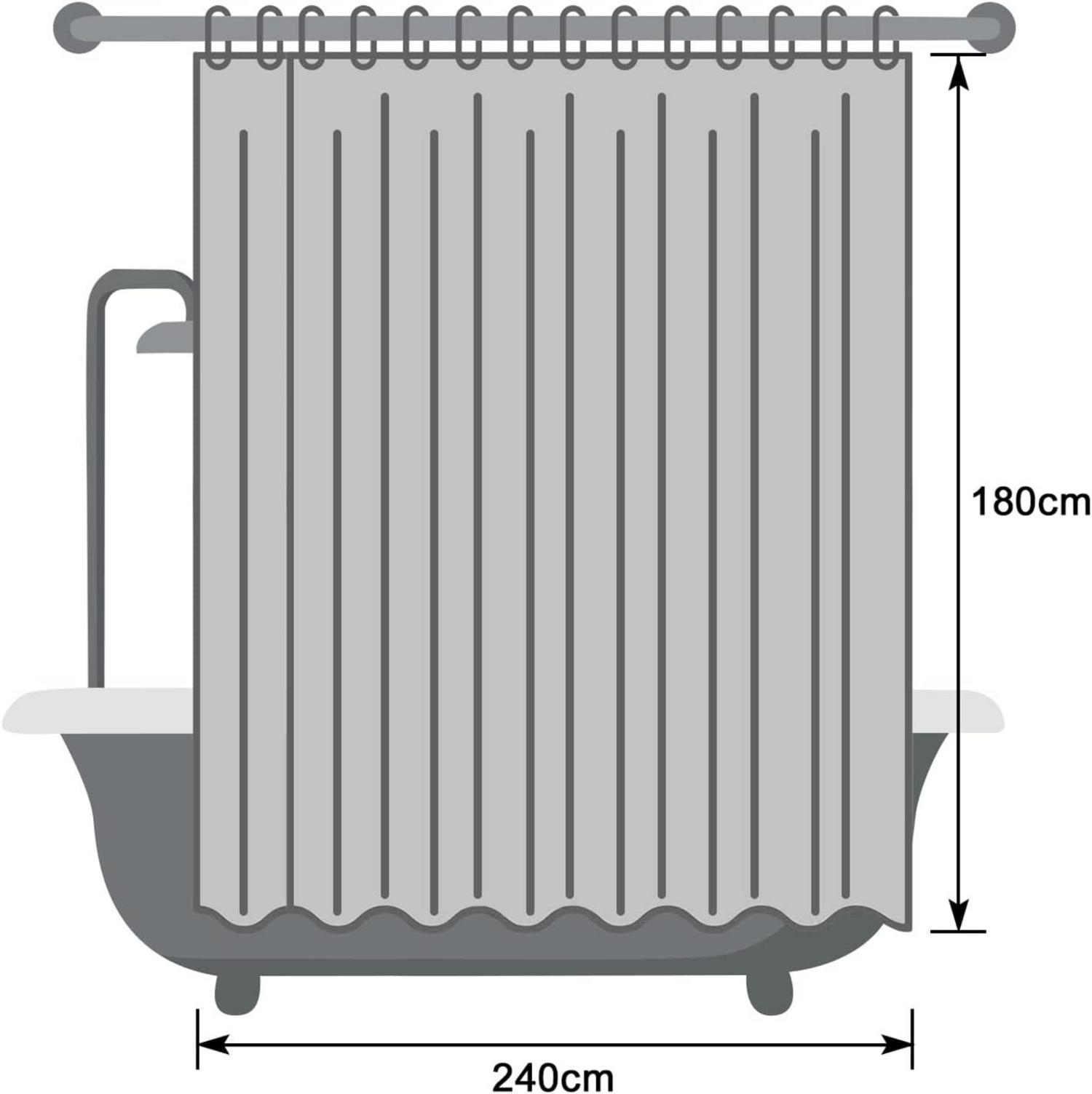 Breiter Duschvorhang 240x180cm Grau Textil Stoff Wasserabweisend 16 Ringe