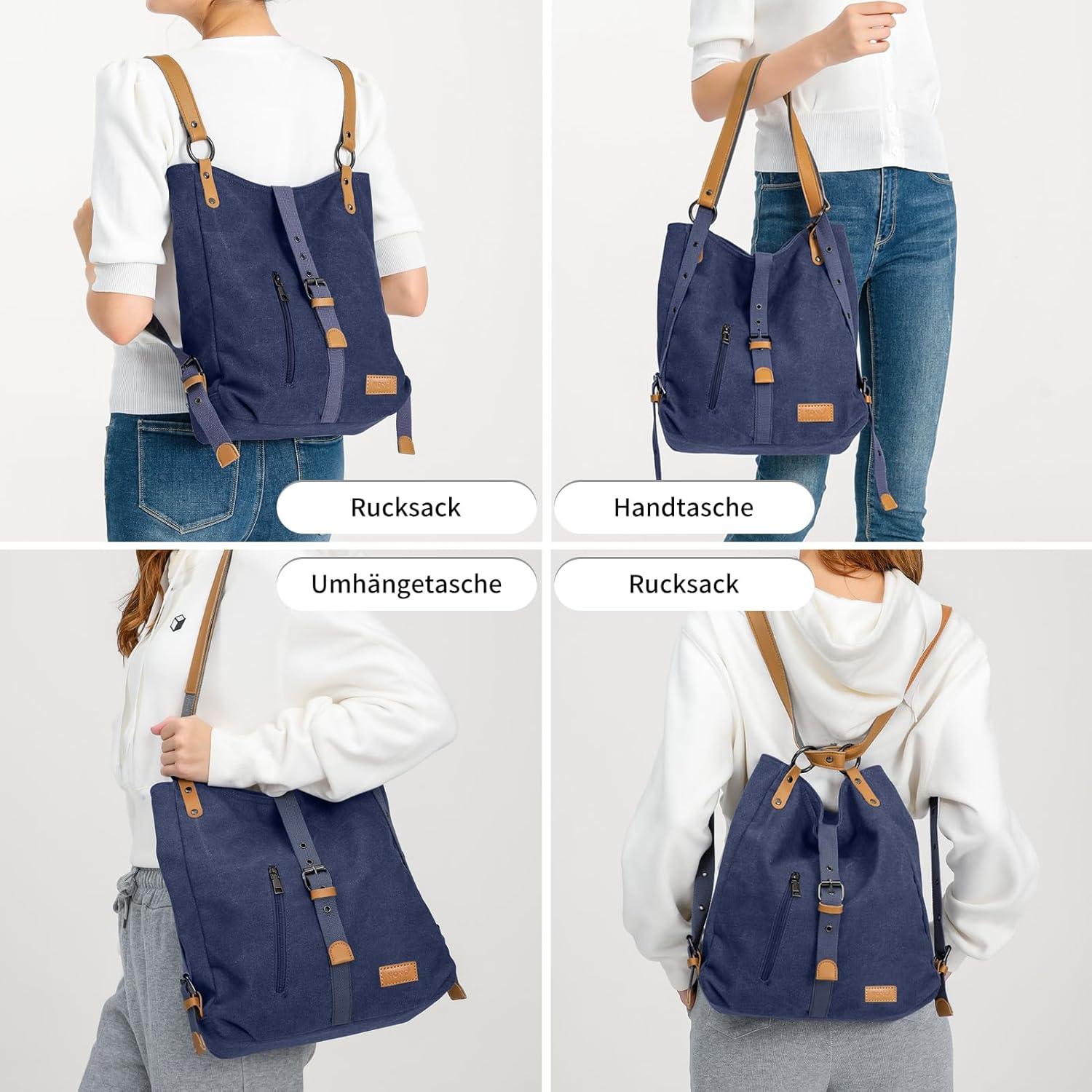 Canvas Damen Rucksack Handtasche 2in1 Schultertasche Blau