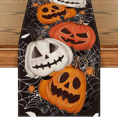 Halloween Tischläufer Spinnennetz Kürbisse Laterne Schwarz