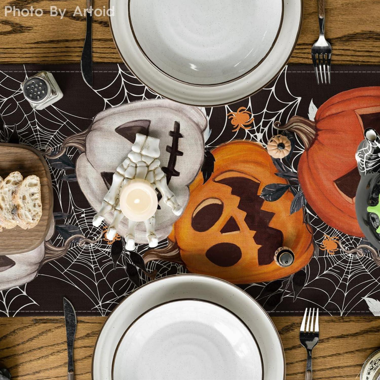 Halloween Tischläufer Spinnennetz Kürbisse Laterne Schwarz