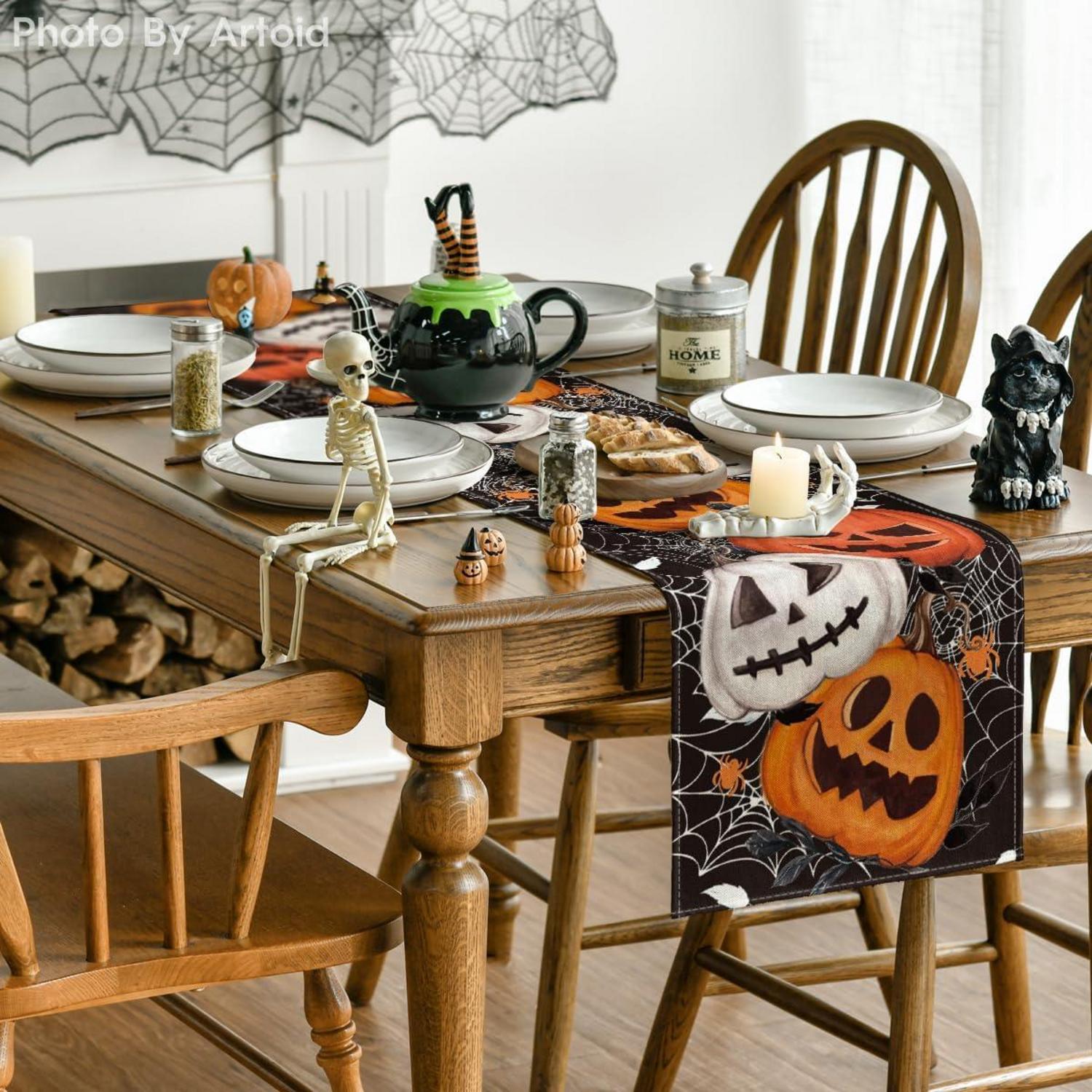 Halloween Tischläufer Schwarz Spinnennetz Kürbisse Laterne 40x140 cm