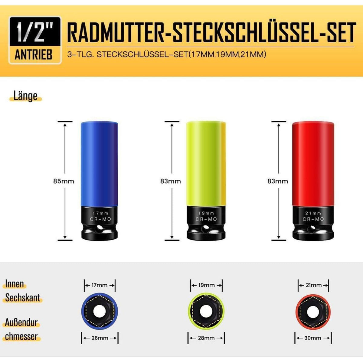 Schlagschrauber Nüsse 17-21mm Cr-Mo Felgenschutz 3tlg