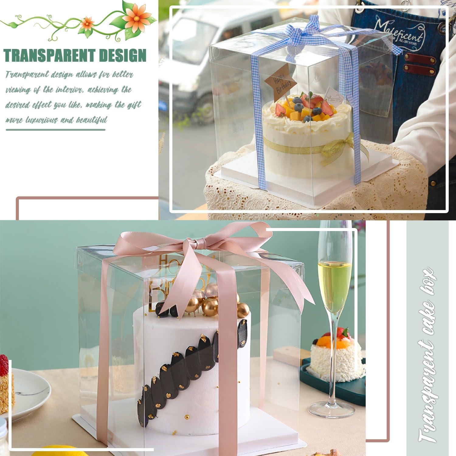 Fizdoqg Transparente Geschenkbox 2 Stück Tortenbox 30x30x25cm mit Sockel und Band