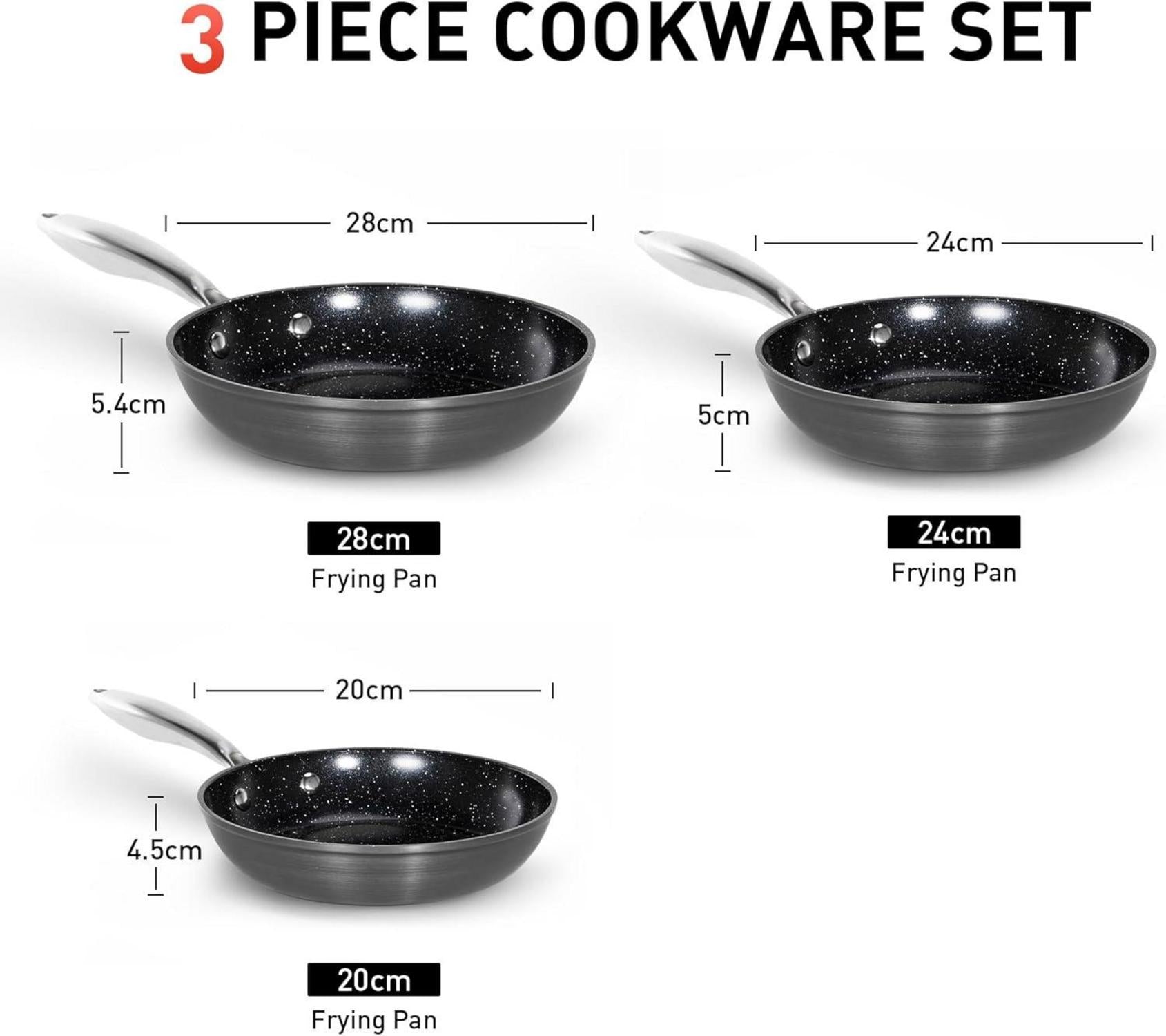 Keramikbeschichtete Bratpfannen-Set Edelstahlgriff 20 24 28cm Schwarz