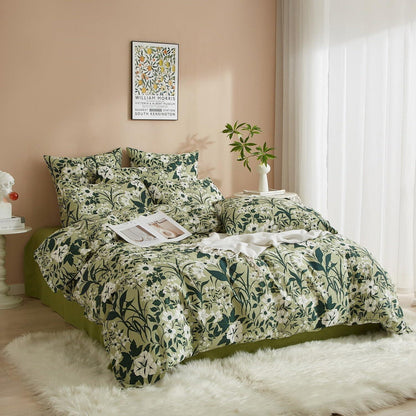 Grüne Baumwoll Bettwäsche Set 200x220 mit Blumenmuster