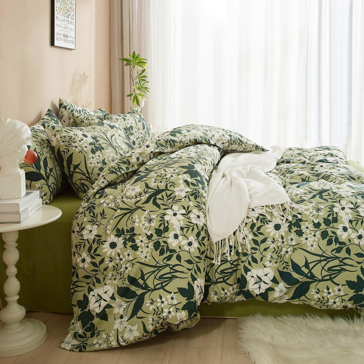 Grüne Baumwoll Bettwäsche Set 200x220 mit Blumenmuster