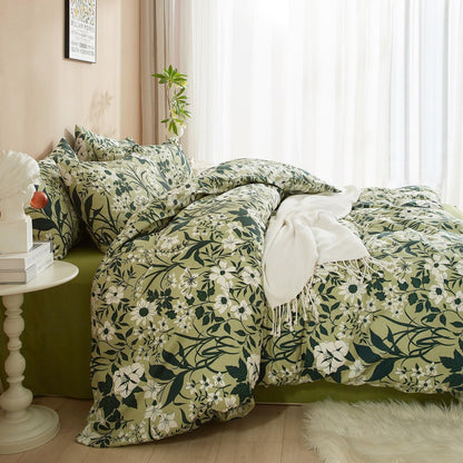Grüne Baumwoll Bettwäsche Set 200x220 mit Blumenmuster
