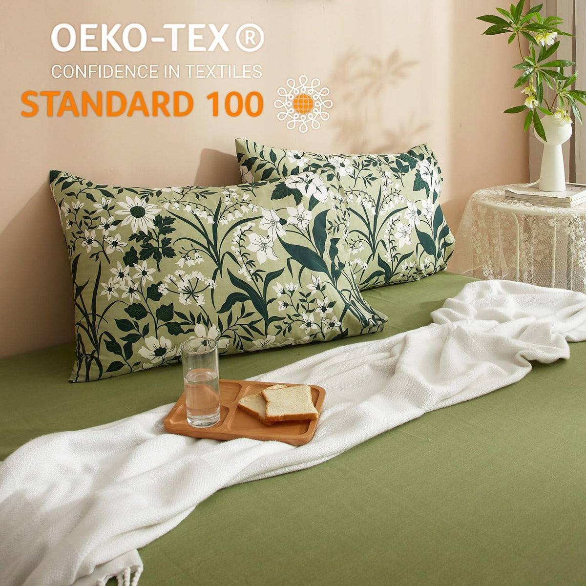 Grüne Baumwoll Bettwäsche Set 200x220 mit Blumenmuster