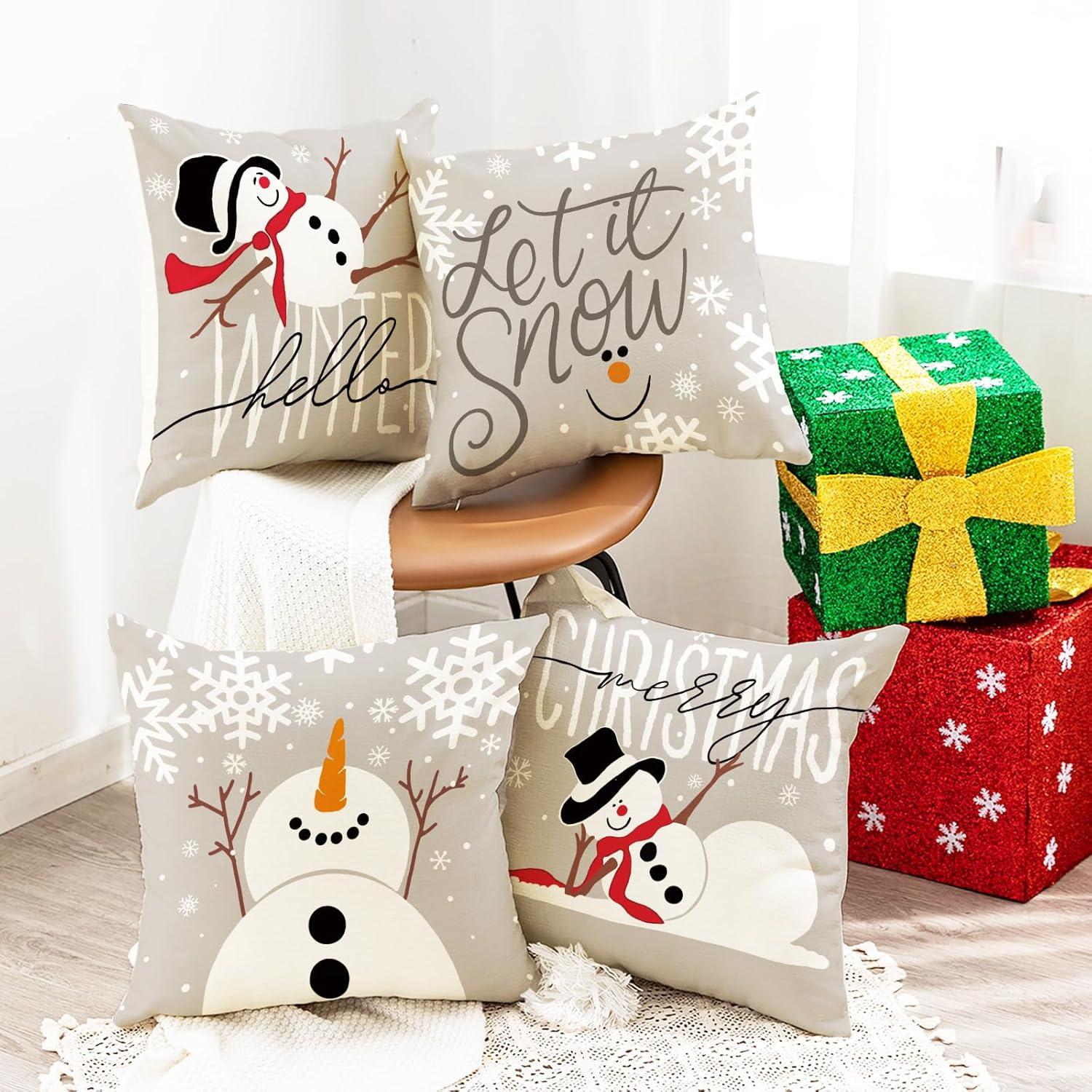 Weihnachtskissen 4er Set 40x40 cm Weihnachtsdeko Kissenbezug Grau Festliche Dekoration