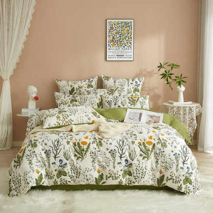 Blumen Bettwäsche Set 200x220 Baumwolle Grün Weiß 3tlg.