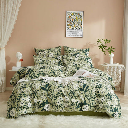 Grüne Baumwoll Bettwäsche Set 135x200 mit Blumenmuster