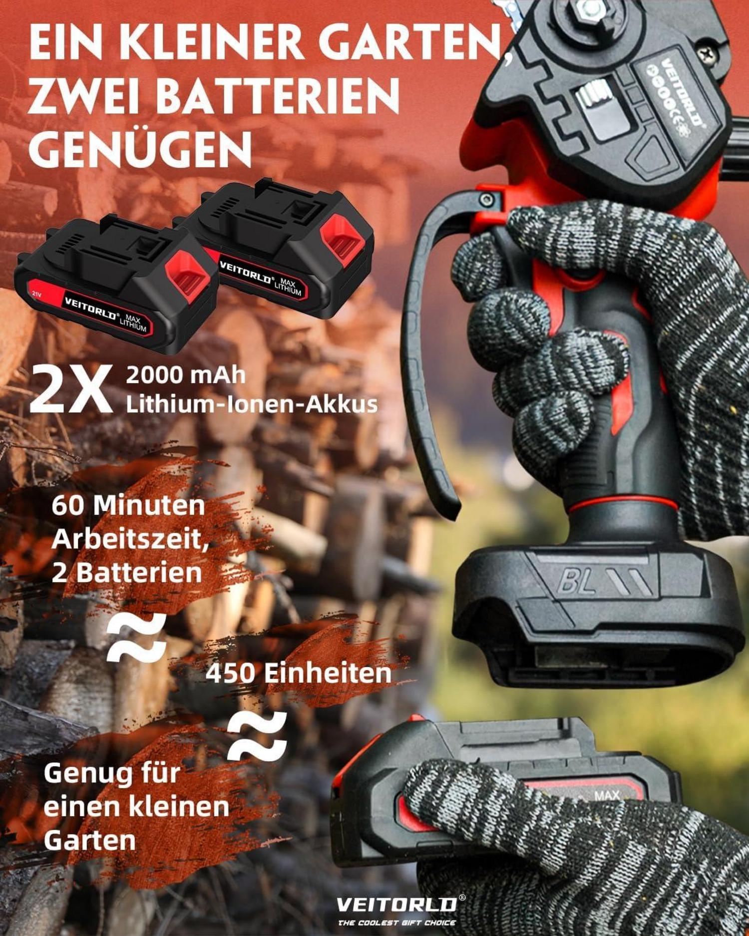 Veitorld Akku Kettensäge 6 Zoll mit 2 Akku 2000mAh LED Chainsaw