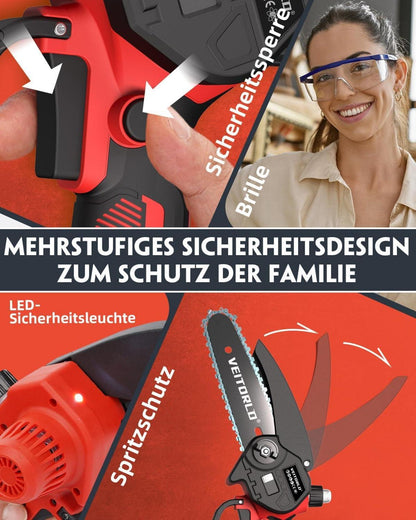Veitorld Akku Kettensäge mit 2 Akku 2000mAh 6 Zoll, Automatisches