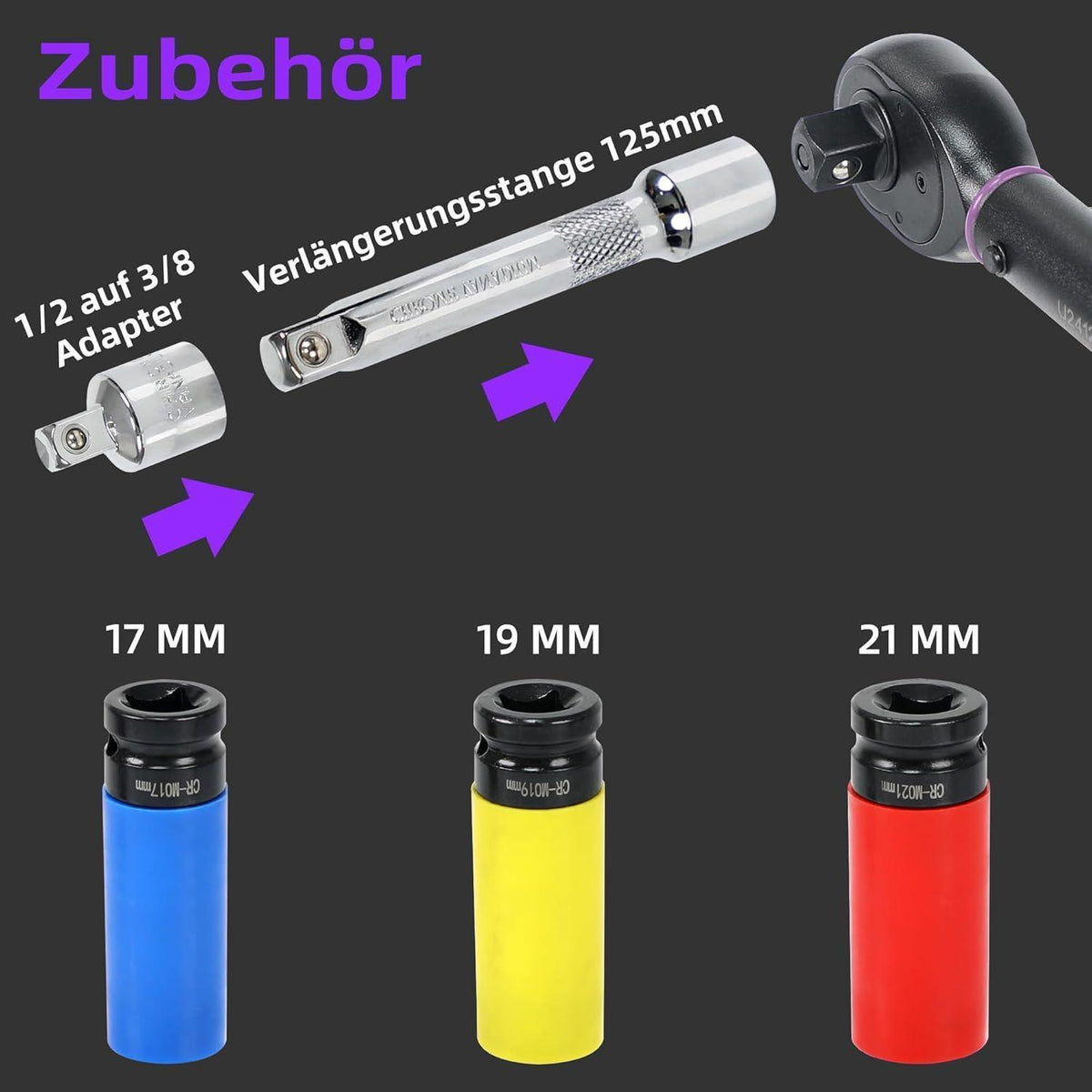 Drehmomentschlüssel Set 1/2" 20-220Nm mit 3/8" Adapter & Verlängerung - Lila