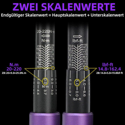 Drehmomentschlüssel Set 1/2" 20-220Nm mit 3/8" Adapter & Verlängerung - Lila