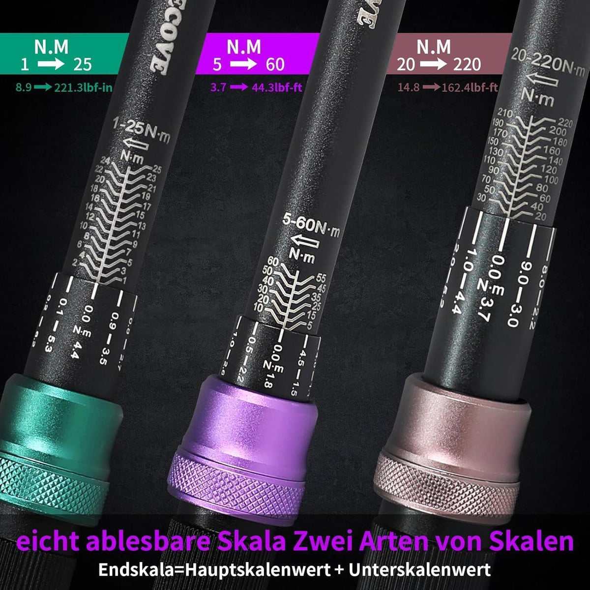 Drehmomentschlüssel Set 3-teilig 1/4" 3/8" 1/2" 1-220Nm