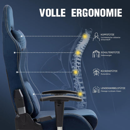 Gaming Stuhl mit Massagefunktion & Wildleder-Bezug, 150 KG, Blau