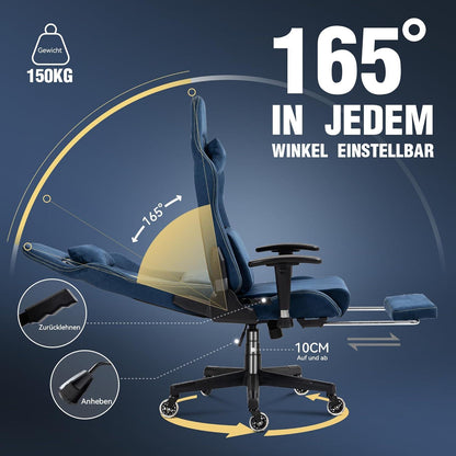 Ergonomischer Gaming Stuhl mit Massage 90-165° Neigung Wildleder Blau