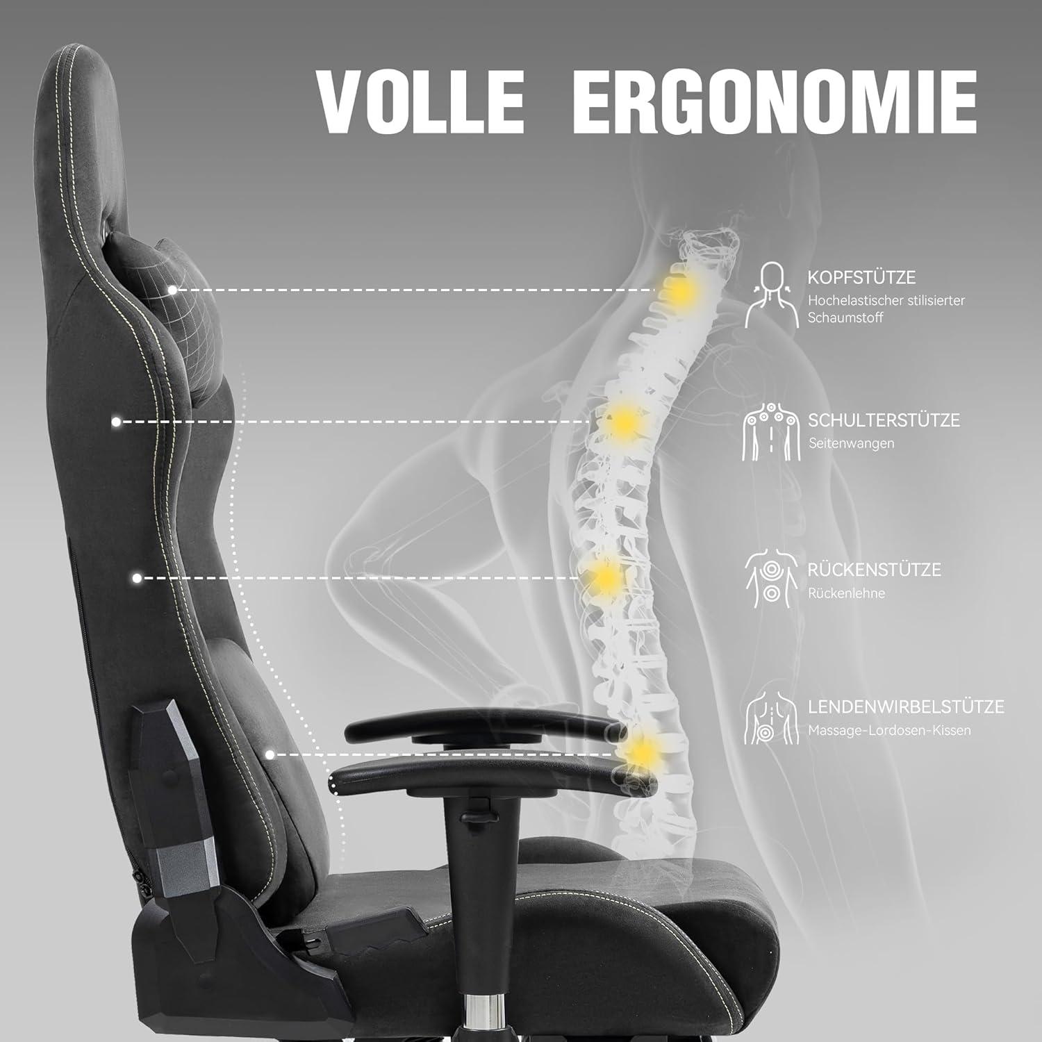 Ergonomischer Gaming Stuhl Bürostuhl Massage Wildleder Grau 150 KG