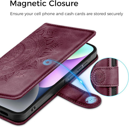 iPhone 14 Lederhülle Weinrot Flip Wallet Case mit Ständer und Prägung